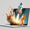 Rocket coming out of laptop screen, isolated on white background, Generative AI