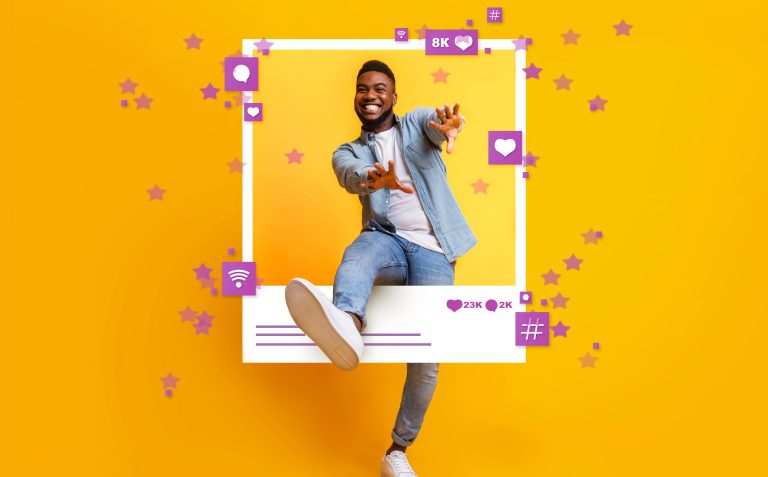 Positive African American guy dancing and jumping out of photo frame over yellow studio background, collage with social media reactions. Concept of blogging and SMM marketing